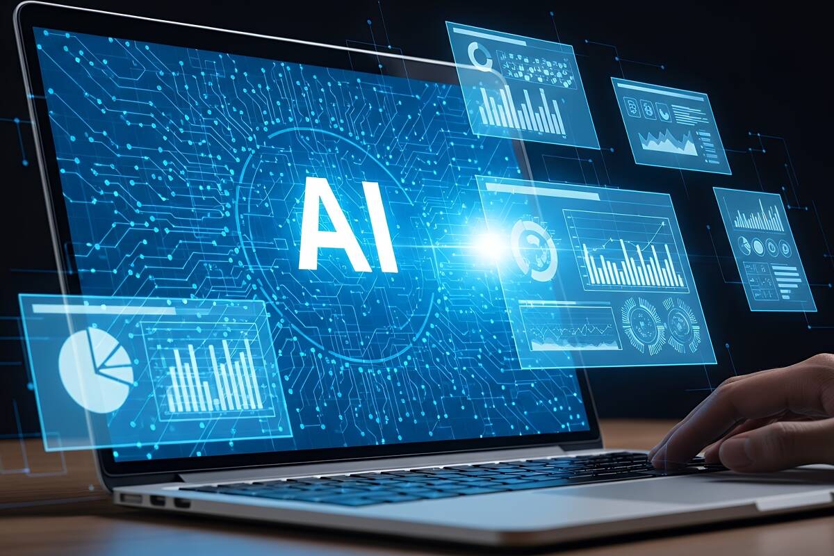 Hero-Image feratel Blogbeitrag 2026 Geöffneter Laptop mit diversen Grafiken und Diagrammen, im Zentrum steht KI